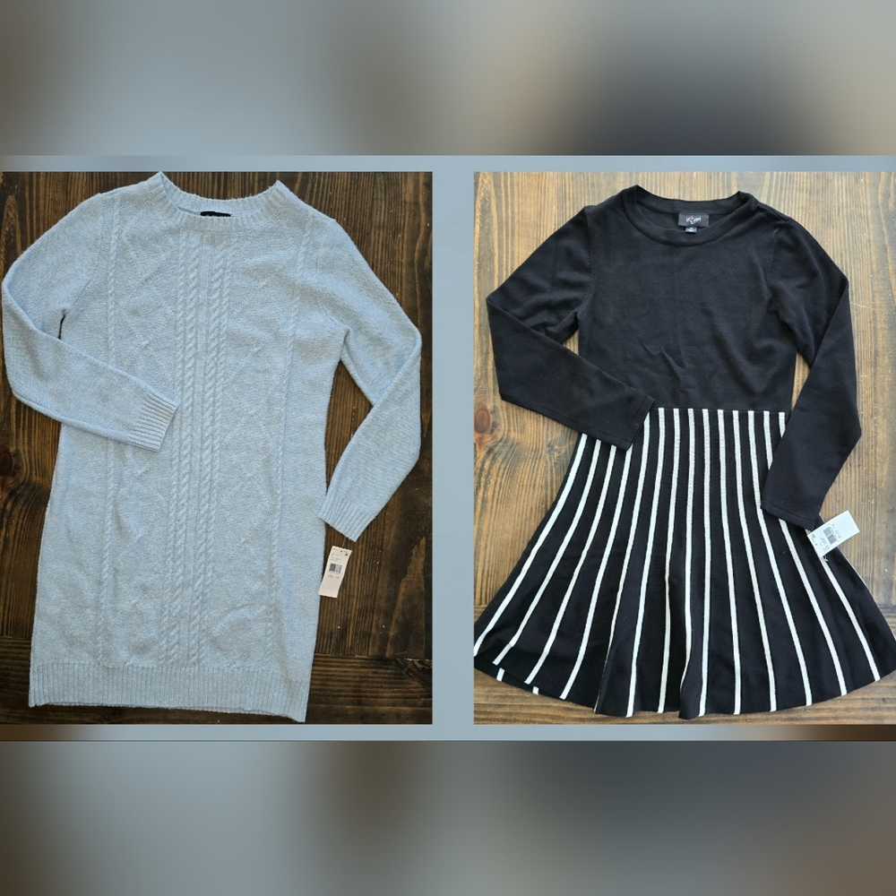 NWT i.n. Girl 2 Sweater Dresses Sz 14 Light Blue sparkle Cable Knit Black Stripe